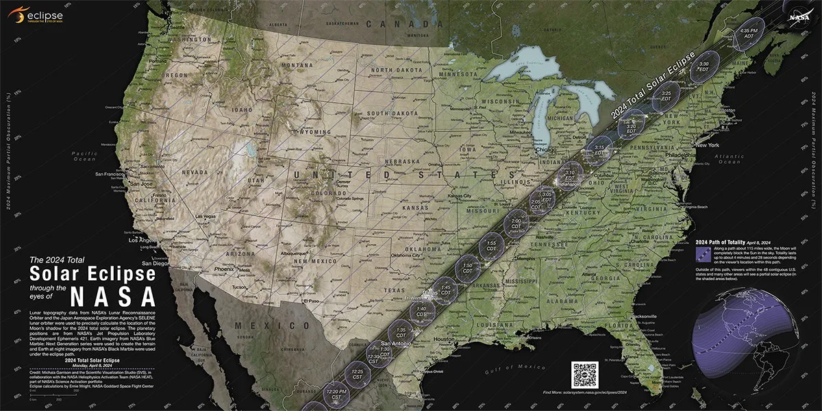 The path of the upcoming 2024 eclipse with times marking the moment of totality across the US.